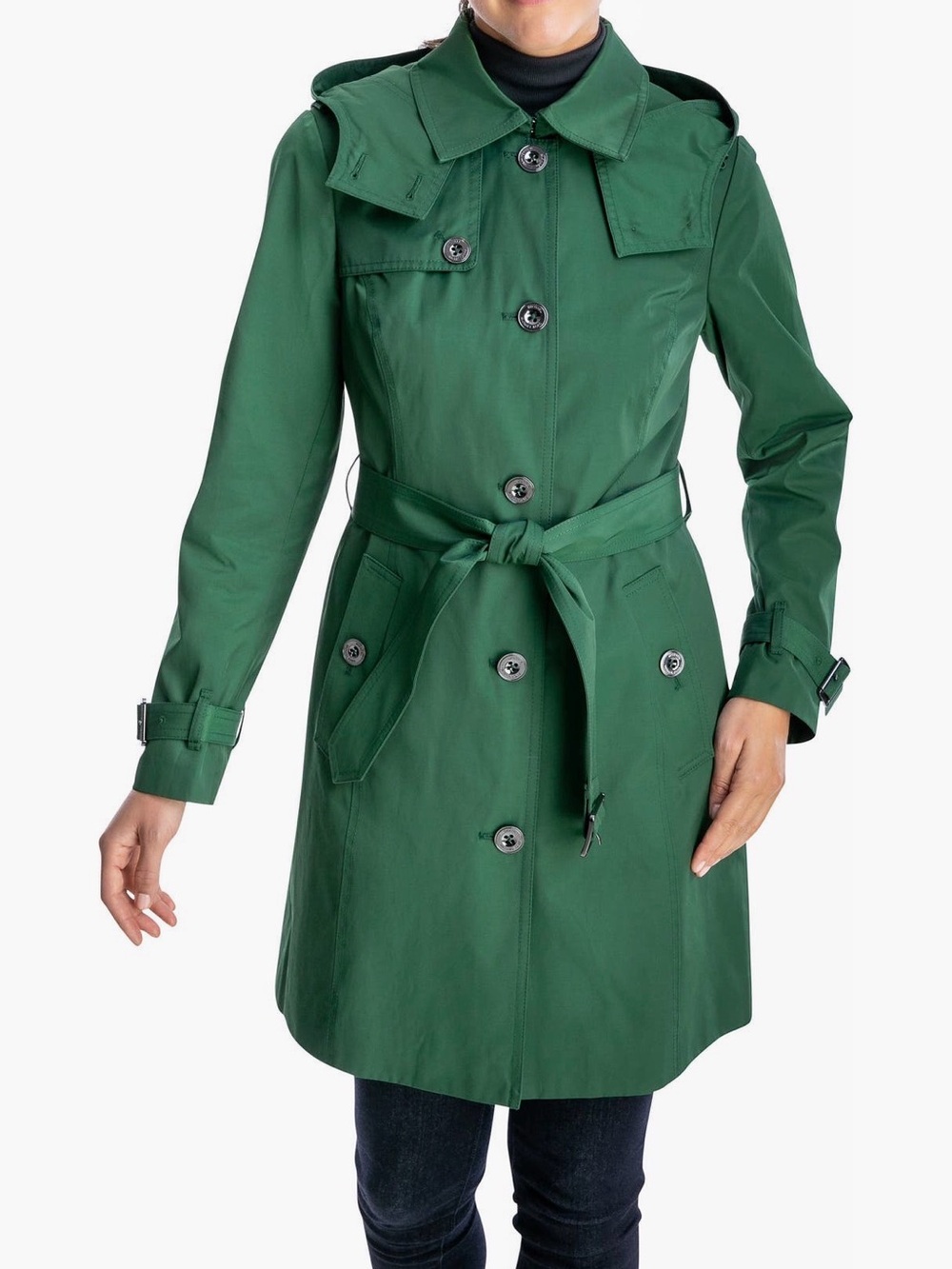 Michael Kors Waterproof  Hooded Button Front Waist Tie Trench Coat Moss Sz XS